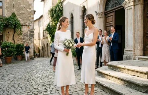 Minimalist Satin Midi Dresses for an Elegant Civil Ceremony